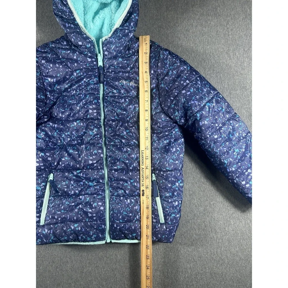Eddie Bauer Kids Reversible Hooded Jacket Blue Pattern Teal Fleece M(10-12)